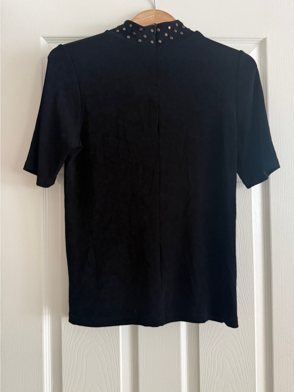 Chico’s Black Studded Mock Neck Top Size 1 Short Sleeve Stretch Blouse